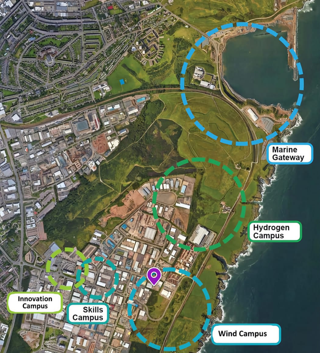 Aerial map showing different campus areas with labels and a legend. The Innovation Campus, Skills Campus, Offshore Wind Campus, Hydrogen Campus, and Marine Gateway are marked with colored circles and corresponding numbers.