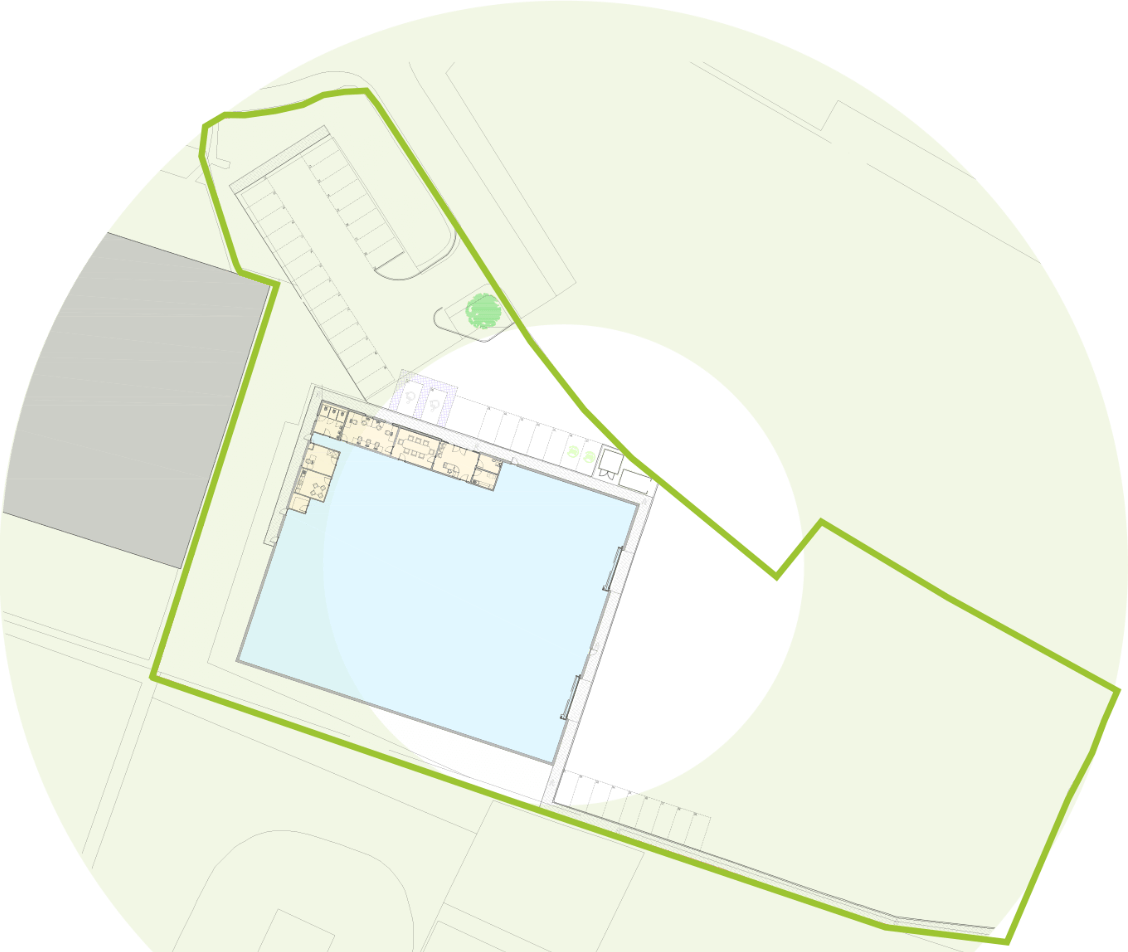 Graphical layout of a property, with areas highlighted in green lines to show boundaries. A warehouse is prominently marked on the plan, with its size listed as 1,806.30 square meters and 19,443 square feet. The warehouse has an attached office and is surrounded by open space, a car park and some trees.